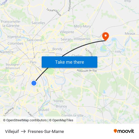 Villejuif to Fresnes-Sur-Marne map