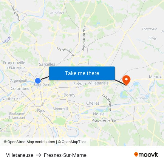 Villetaneuse to Fresnes-Sur-Marne map