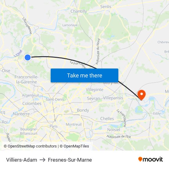 Villiers-Adam to Fresnes-Sur-Marne map
