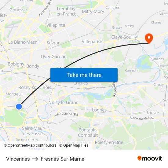 Vincennes to Fresnes-Sur-Marne map