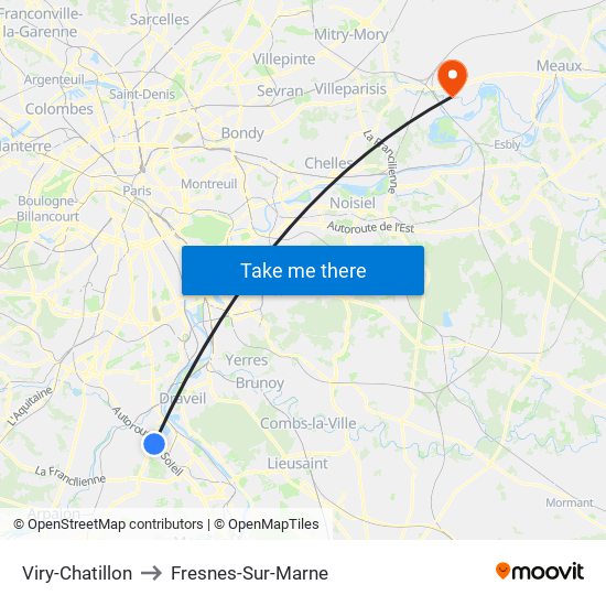 Viry-Chatillon to Fresnes-Sur-Marne map