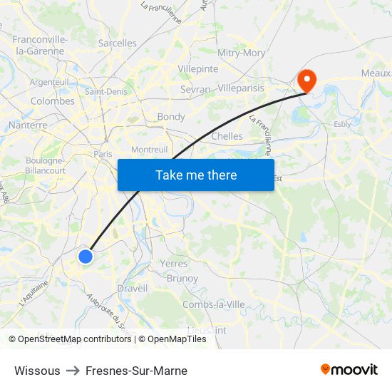 Wissous to Fresnes-Sur-Marne map