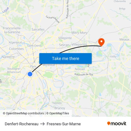 Denfert-Rochereau to Fresnes-Sur-Marne map