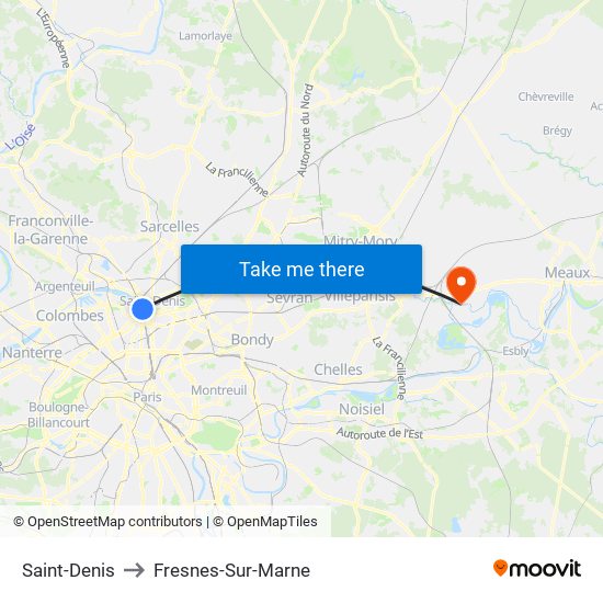 Saint-Denis to Fresnes-Sur-Marne map