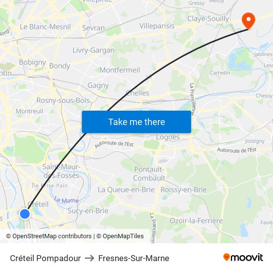 Créteil Pompadour to Fresnes-Sur-Marne map