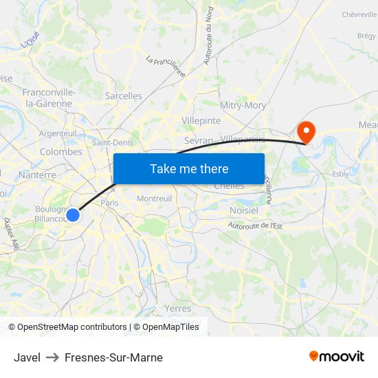 Javel to Fresnes-Sur-Marne map