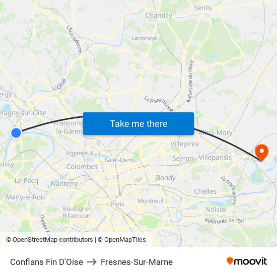 Conflans Fin D'Oise to Fresnes-Sur-Marne map