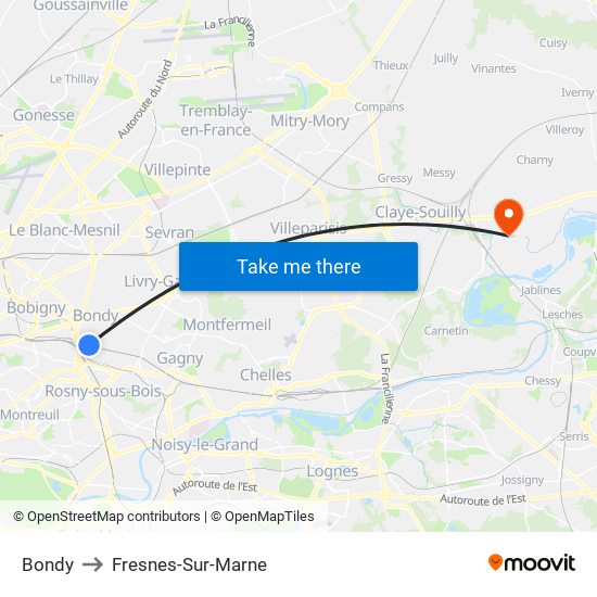 Bondy to Fresnes-Sur-Marne map