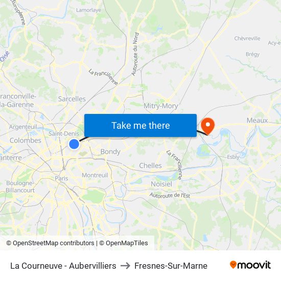 La Courneuve - Aubervilliers to Fresnes-Sur-Marne map