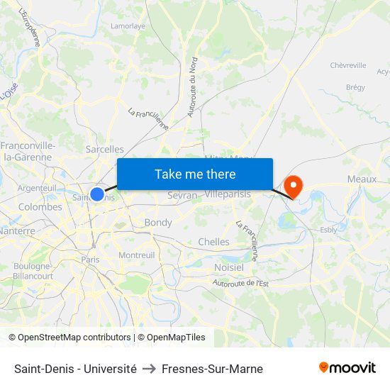 Saint-Denis - Université to Fresnes-Sur-Marne map