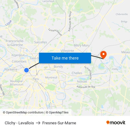 Clichy - Levallois to Fresnes-Sur-Marne map