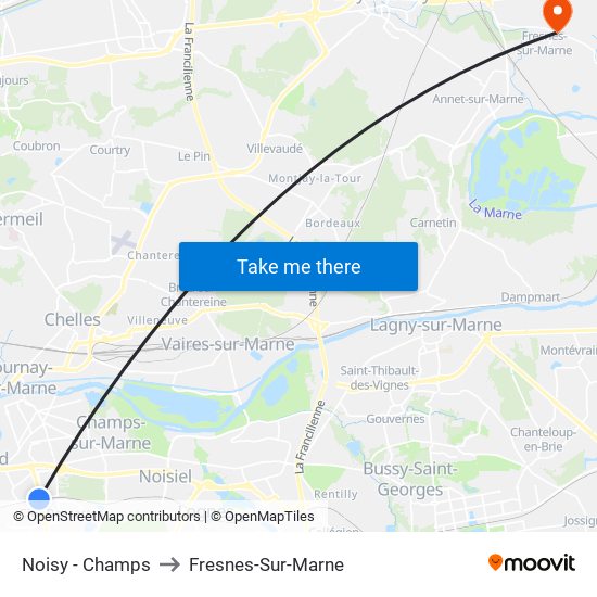 Noisy - Champs to Fresnes-Sur-Marne map