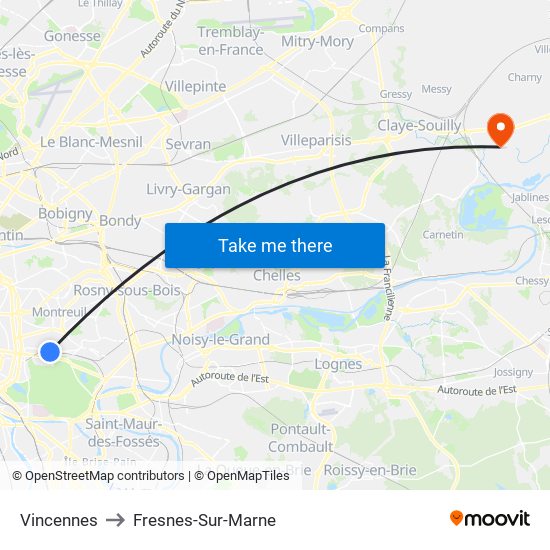 Vincennes to Fresnes-Sur-Marne map