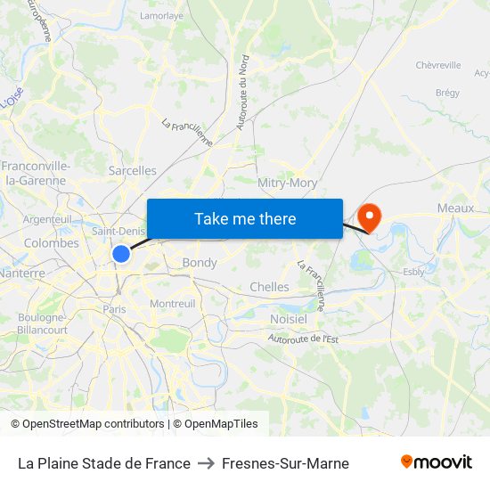 La Plaine Stade de France to Fresnes-Sur-Marne map