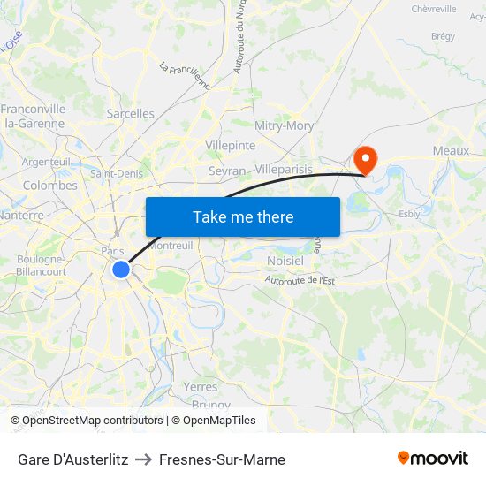 Gare D'Austerlitz to Fresnes-Sur-Marne map