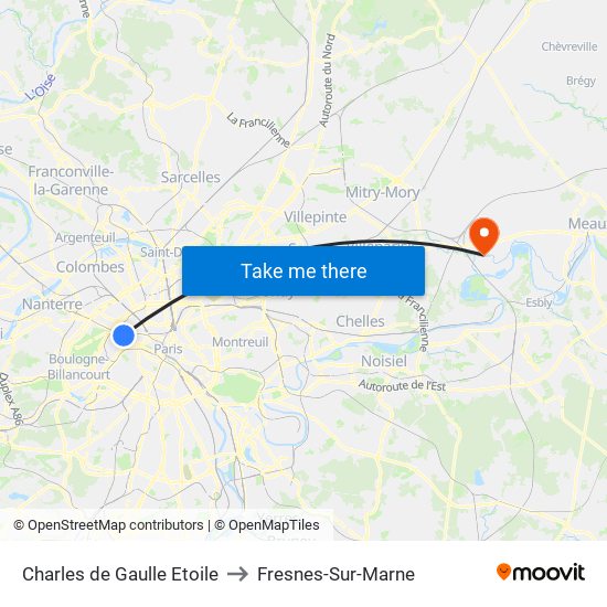 Charles de Gaulle Etoile to Fresnes-Sur-Marne map
