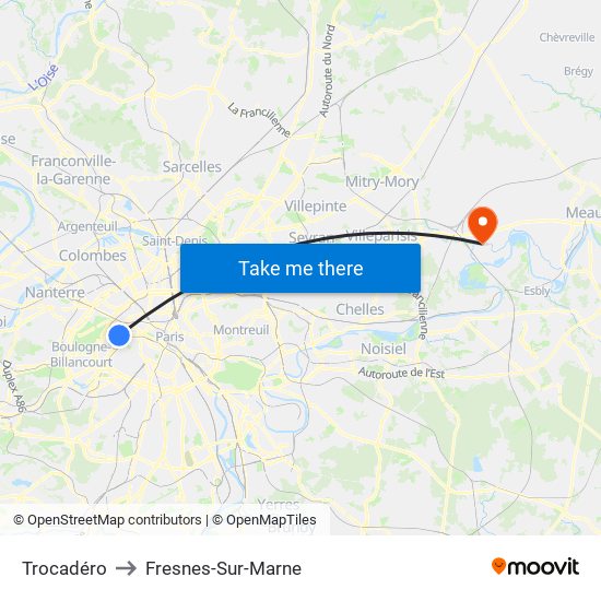 Trocadéro to Fresnes-Sur-Marne map