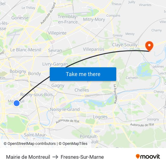 Mairie de Montreuil to Fresnes-Sur-Marne map