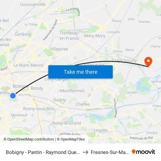 Bobigny - Pantin - Raymond Queneau to Fresnes-Sur-Marne map