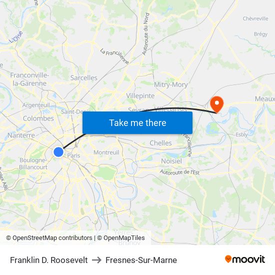 Franklin D. Roosevelt to Fresnes-Sur-Marne map