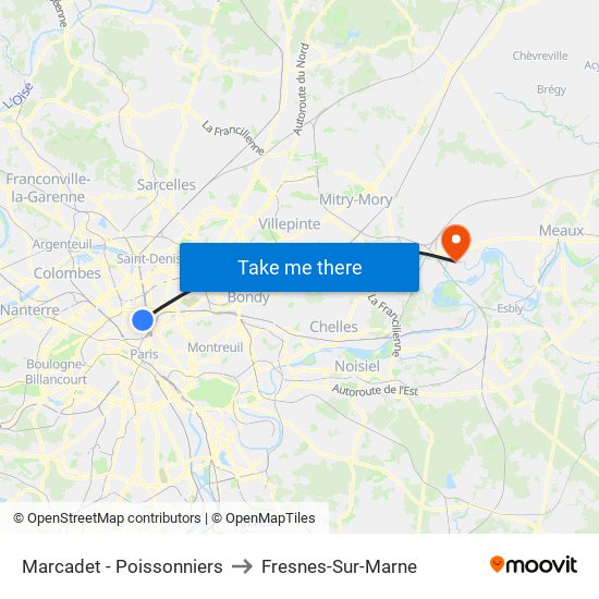Marcadet - Poissonniers to Fresnes-Sur-Marne map