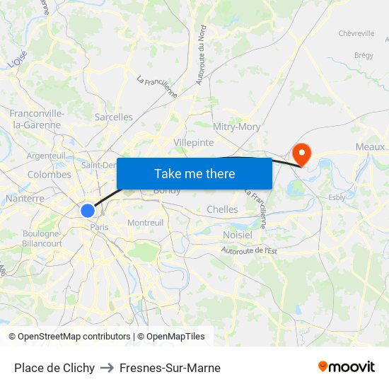 Place de Clichy to Fresnes-Sur-Marne map