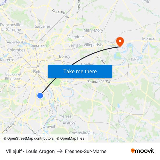 Villejuif - Louis Aragon to Fresnes-Sur-Marne map