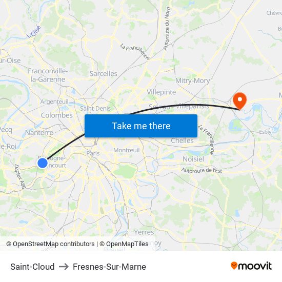 Saint-Cloud to Fresnes-Sur-Marne map