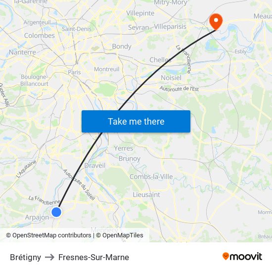 Brétigny to Fresnes-Sur-Marne map