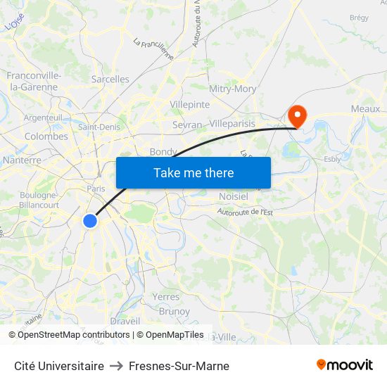 Cité Universitaire to Fresnes-Sur-Marne map
