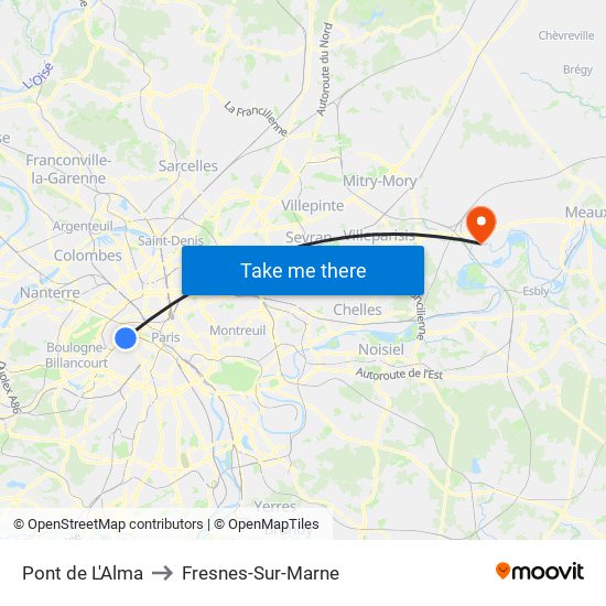 Pont de L'Alma to Fresnes-Sur-Marne map