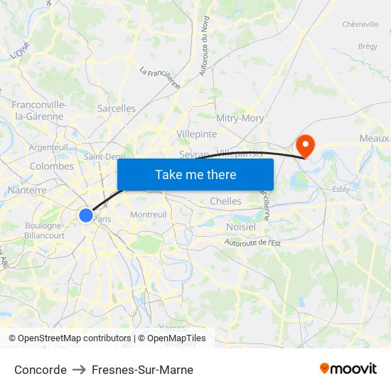 Concorde to Fresnes-Sur-Marne map