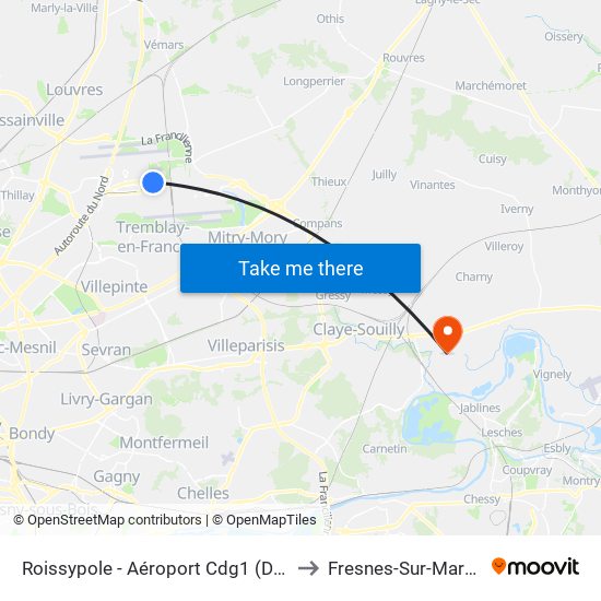 Roissypole - Aéroport Cdg1 (D3) to Fresnes-Sur-Marne map