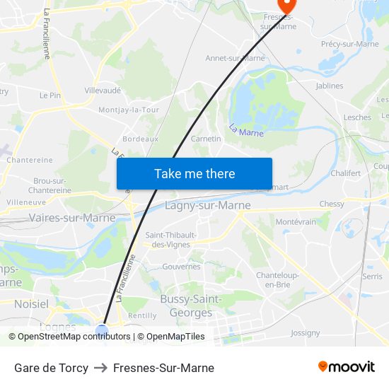 Gare de Torcy to Fresnes-Sur-Marne map