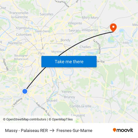 Massy - Palaiseau RER to Fresnes-Sur-Marne map