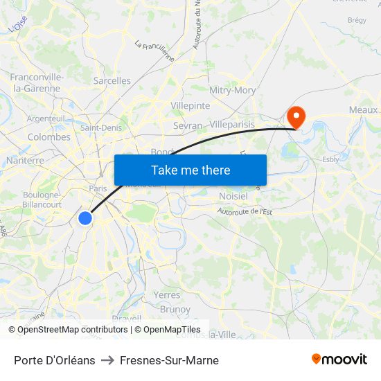 Porte D'Orléans to Fresnes-Sur-Marne map