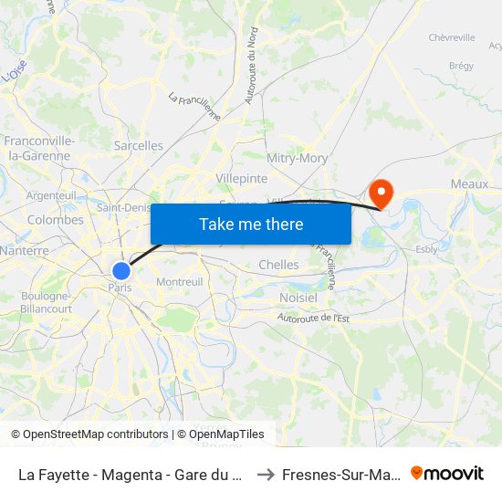 La Fayette - Magenta - Gare du Nord to Fresnes-Sur-Marne map