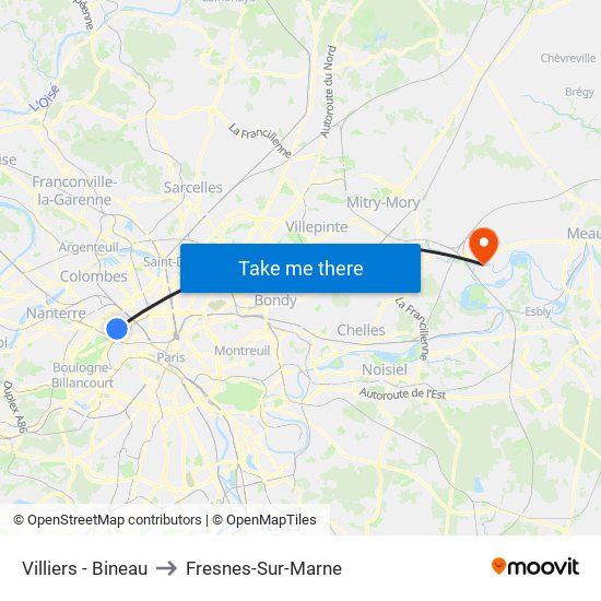 Villiers - Bineau to Fresnes-Sur-Marne map