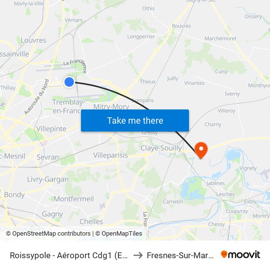 Roissypole - Aéroport Cdg1 (E2) to Fresnes-Sur-Marne map