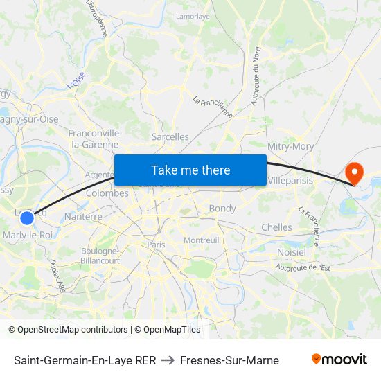 Saint-Germain-En-Laye RER to Fresnes-Sur-Marne map