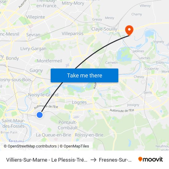 Villiers-Sur-Marne - Le Plessis-Trévise RER to Fresnes-Sur-Marne map