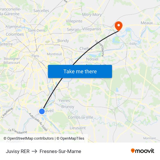 Juvisy RER to Fresnes-Sur-Marne map