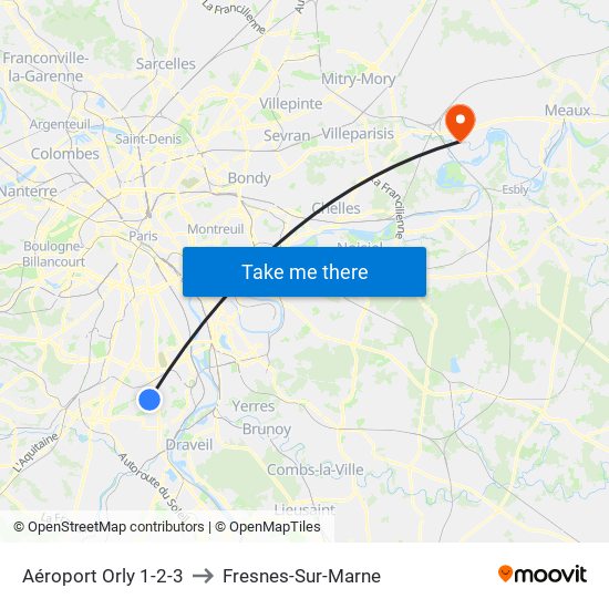 Aéroport Orly 1-2-3 to Fresnes-Sur-Marne map