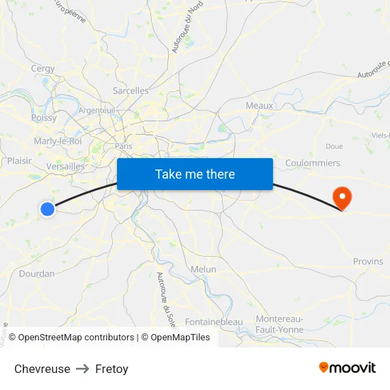 Chevreuse to Fretoy map