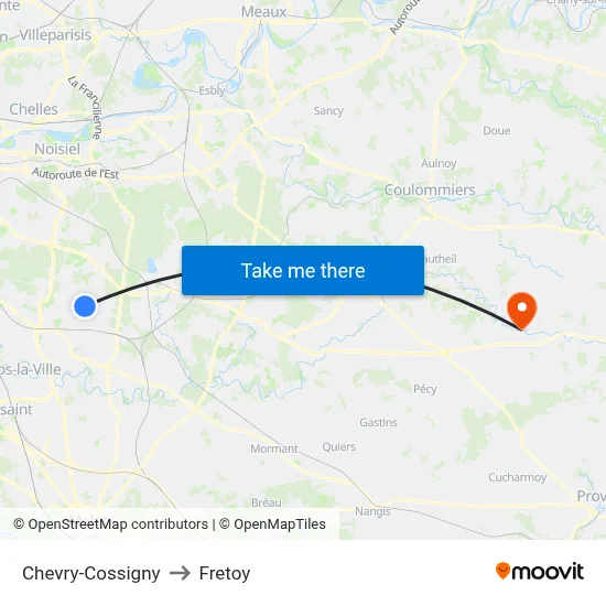 Chevry-Cossigny to Fretoy map