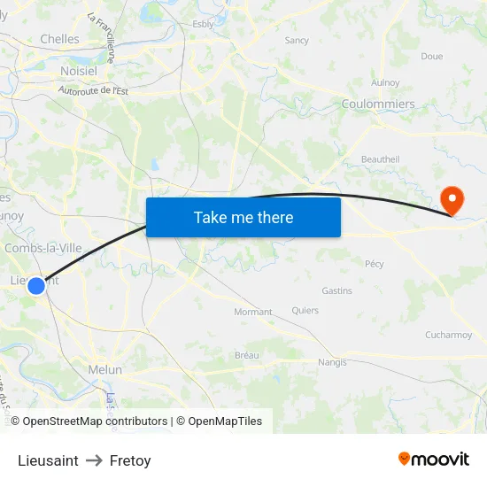 Lieusaint to Fretoy map