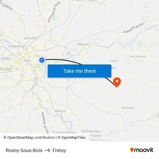 Rosny-Sous-Bois to Fretoy map