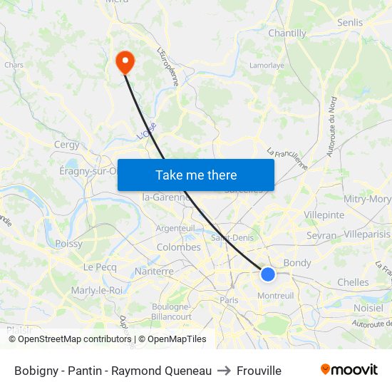 Bobigny - Pantin - Raymond Queneau to Frouville map