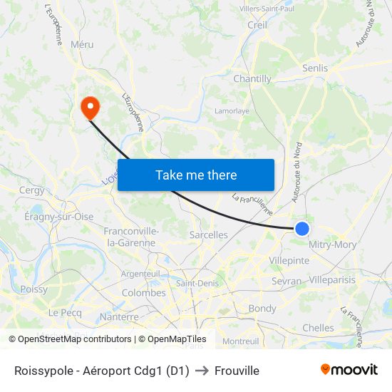 Roissypole - Aéroport Cdg1 (D1) to Frouville map