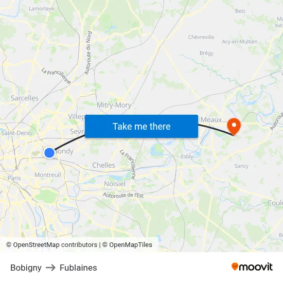 Bobigny to Fublaines map